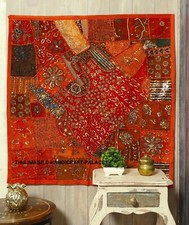 Tapisserie Murale Carrée En Perles De Sari Avec Sequins Magnifique Orange 40"