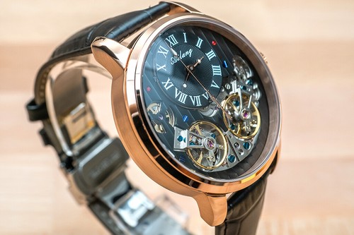 Mens Double Flywheel Leather Luxury Bling Skeleton Automatic Mechanical Watch - Picture 9 of 12