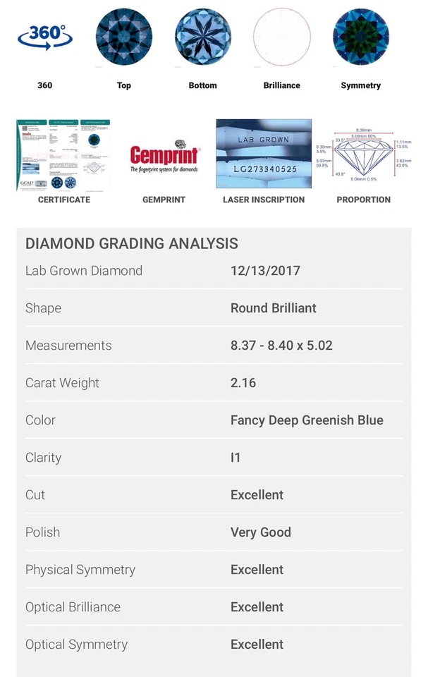 2.16ct Round Brilliant Blue I1 Lab Grown Diamond GCAL 273340525 Fancy Colour Lab - Image 2 of 4