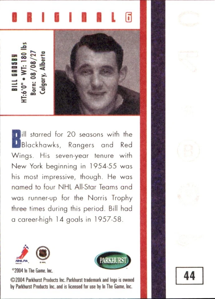 2003-04 Parkhurst Original Six NEW YORK RANGERS #44 Bill Gadsby - Image 2 of 2