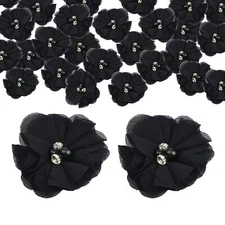 Chiffon Fabric Flowers for Crafts 30 Pcs Black Pearl Flower Appliques for Clo...