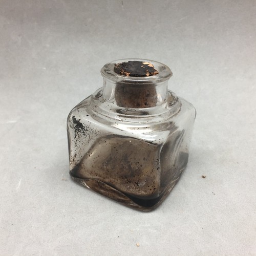 Antique Glass Inkwell Glass Bottle Square 2" x 2.25"t  Cork Top Aged Appearance