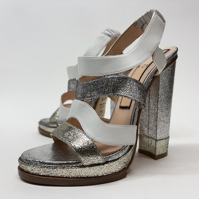 N°21 N21 Numero Ventuno Silver Glitter Platform Chunky Block Heels Sandals 38.5