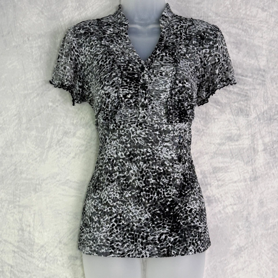 Top babydoll de malla y2k talla s Leopardo Volantes Transparente Hada Grunge Indie Negro Gris Foto 2 de 4