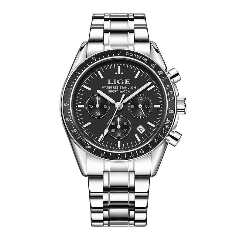 LIGE Men's Chronograph Watch Stainless Steel Quartz Date Tachymeter