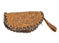 Vintage Hand Tooled Leather Coin Purse Wristlet Floral Western Change Pouch 4"