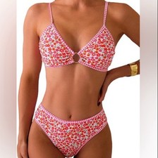 Floral Gingham Print Red Pink Two Piece Ring Triangle Bikini Swimsuit Set Size L