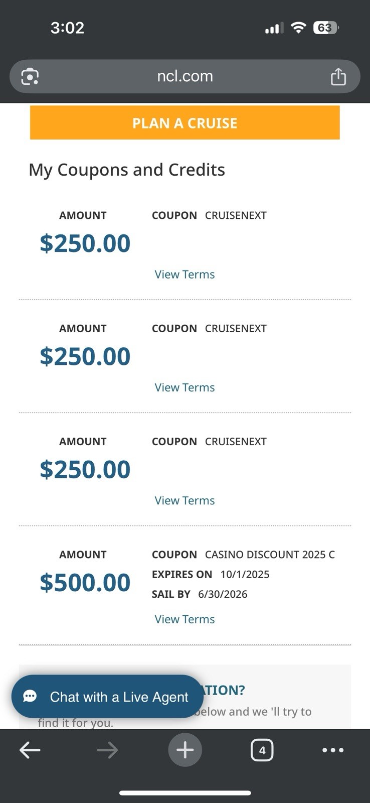 $500.00 NCL CruiseNext Deposit Certificates Norwegian Cruise Vouchers