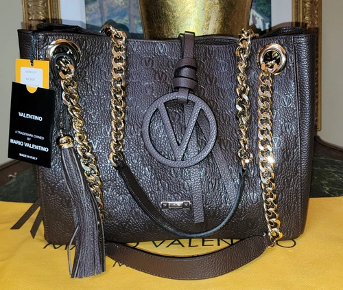 BORSA A TRACOLLA NUOVA CON ETICHETTE MARIO VALENTINO LUISA MEDAGLIONE V MONOGRAM PELLE MARRONE CATENA