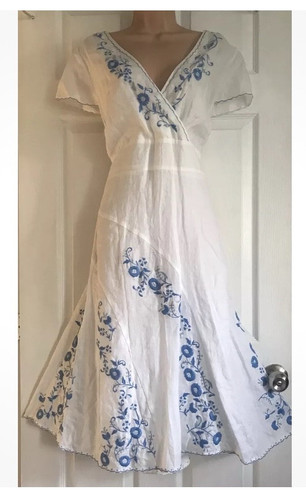MONSOON White & Blue Embroidered Summer Dress Size 22-24