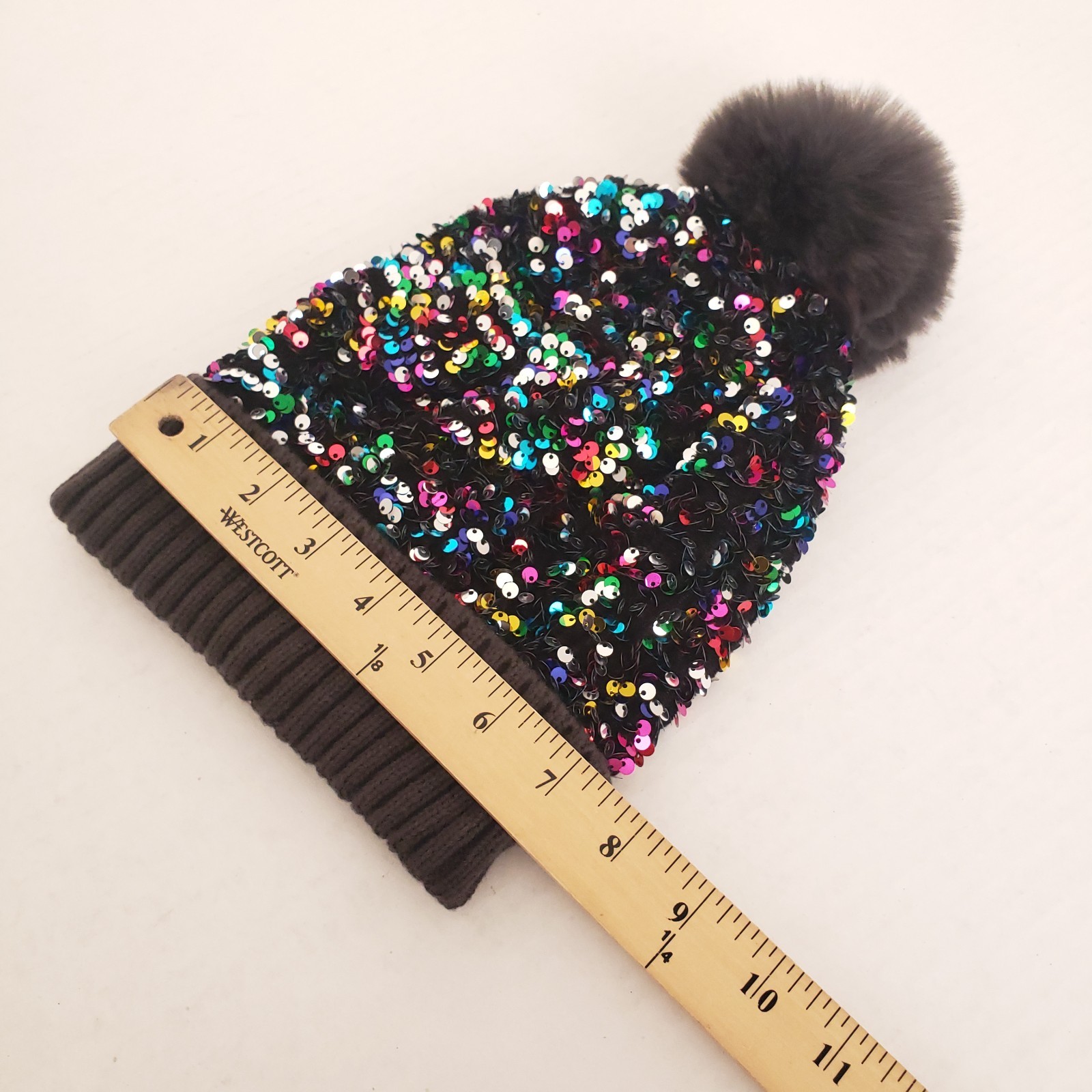 Dull Black Colorful Sequin Winter Beanie Bobble Hat