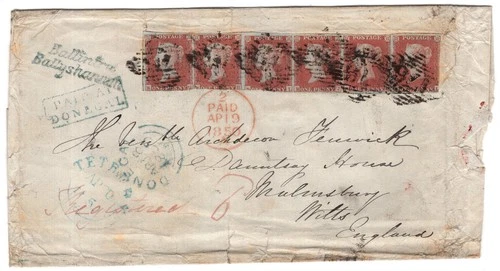 GB Ireland 1850 1d Red strip of 6 Cover Ballintra, Donegal - Various Markings