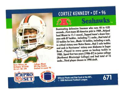1990 Pro Set #671 Cortez Kennedy Seattle Seahawks | eBay