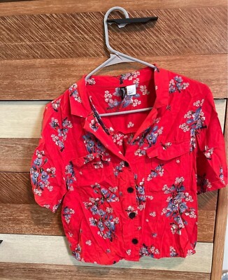 H&M Divided Red Floral Button Up Collared Shirt 70s Retro Inspired