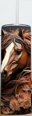 3D Brown Horse Floral Skinny Tumbler~20 oz~Stainless Steel~Insulated~Straw~Lid