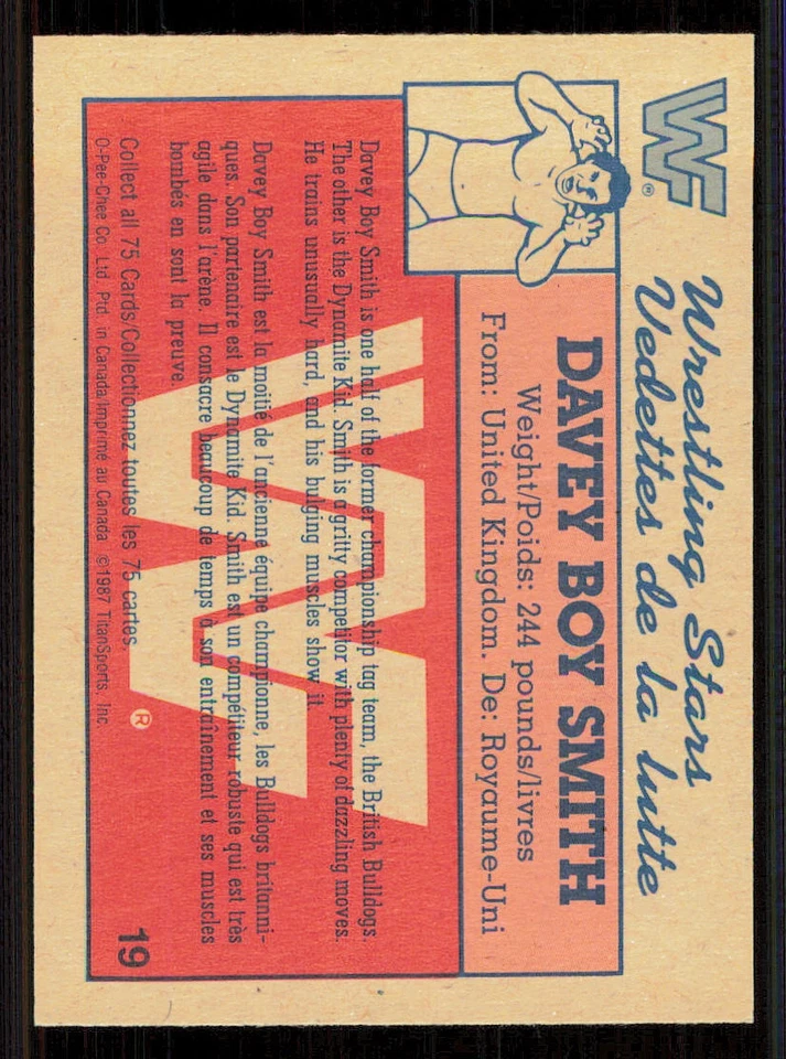 1987 O-Pee-Chee WWF #19 Davey Boy Smith RC - NRMT or better - Image 2 of 2