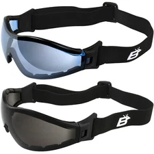2  Birdz Boogie Black Padded Motorcycle Goggles Smoke + Blue Mirror Lenses