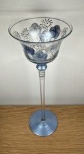 11in Clear Long Stemmed Hand Painted  Blue Flowers Ornamental Display Glass