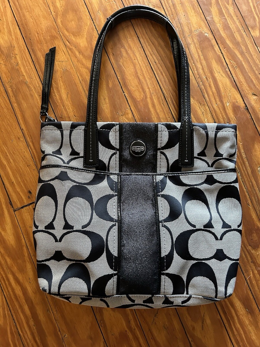 Coach F25771 Signature Silver and Black Jacquard & Patent Leather