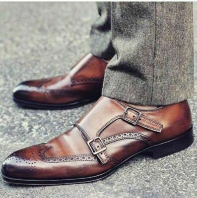 Herren handgefertigte Schuhe braunes Leder doppelter Mönchsriemen Wingtip formelle Stiefel