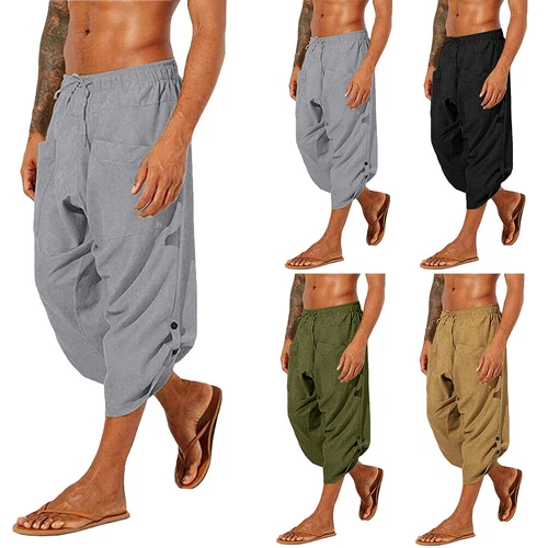 Mens Cotton Linen 3/4 Harem Pants Casual Baggy Loose Hippie Beach Trousers - Picture 2 of 18