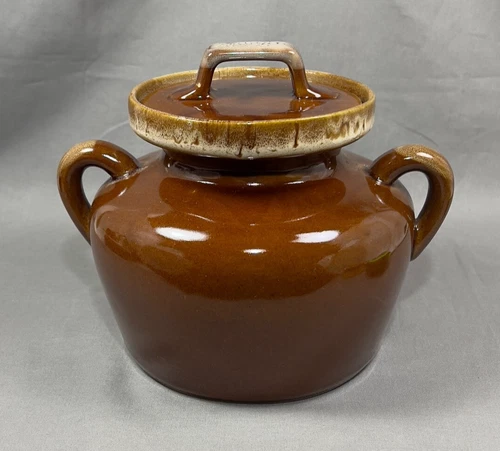 Vintage Glazed Stoneware Pottery Brown Drip Bean Pot Crock & Lid Double Handle