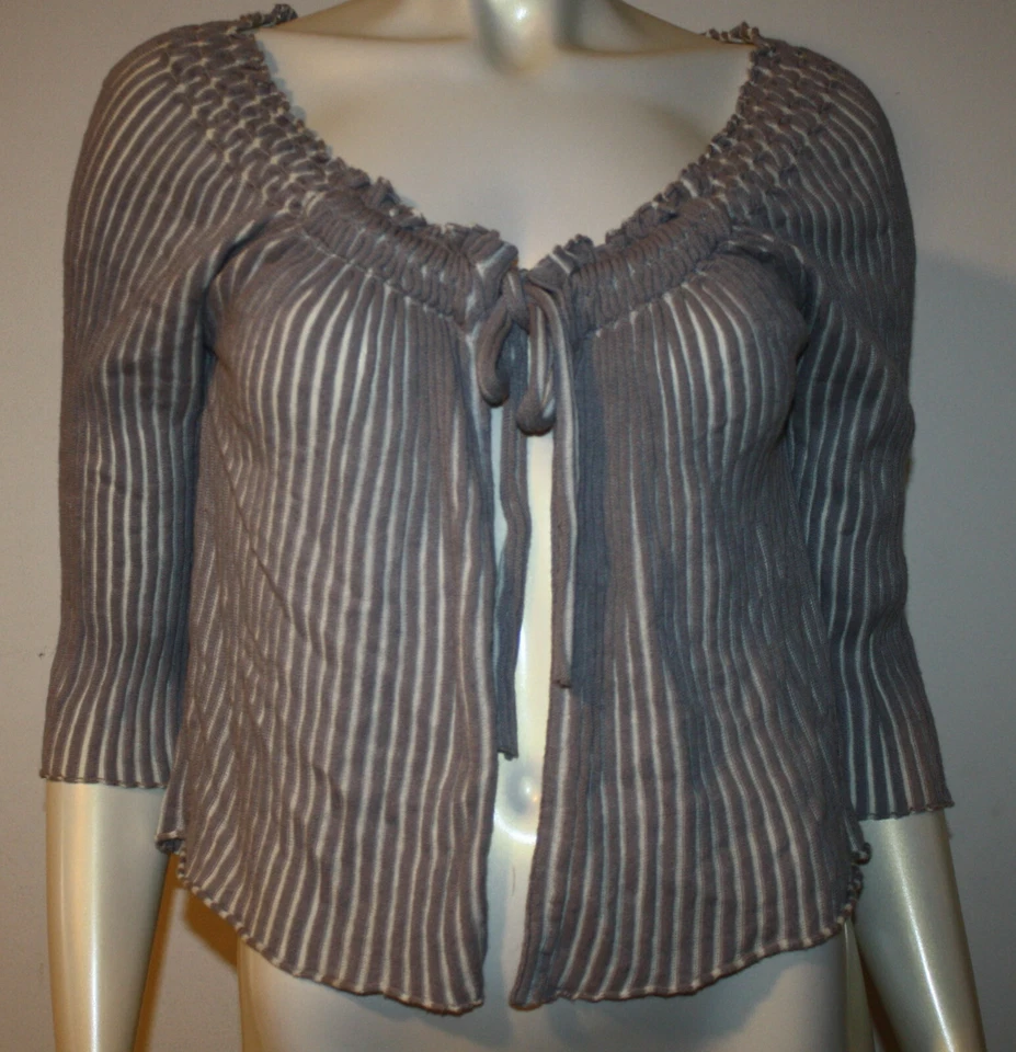 Sparrow Cardigan Sweater S Gray Purple White Ribbed Smocking Drawstring Tie - Image 2 of 4