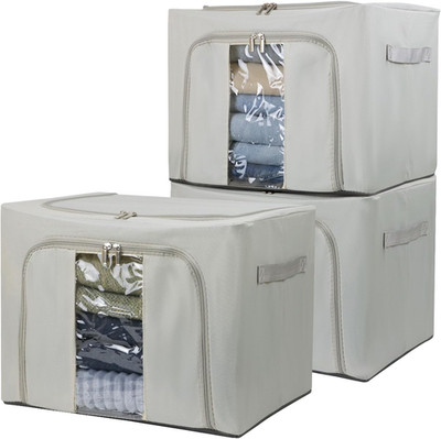 36L Clothes Storage Bins with Metal Frame, 3 Pcs Stackable Clothing Storage Boxe