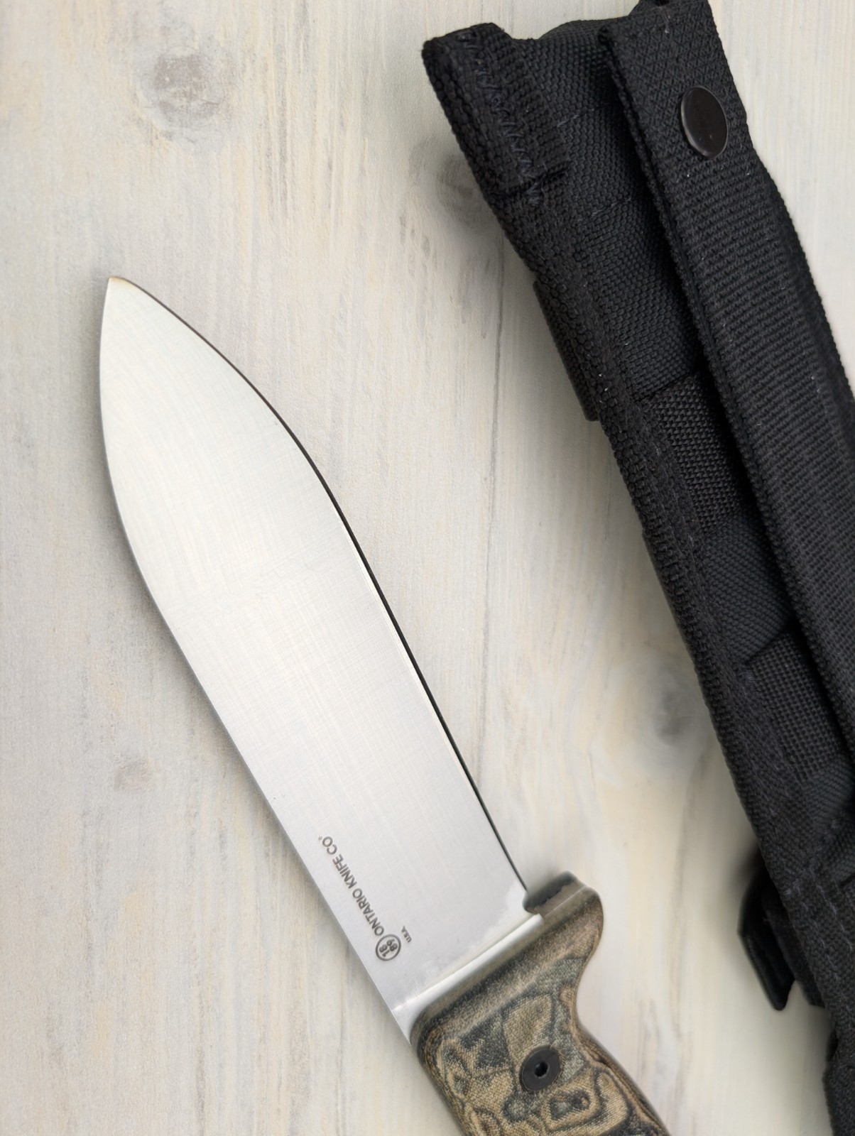 Ontario Black Bird ML5 Fixed Blade Knife Camo Micarta Handle Nylon Belt Sheath