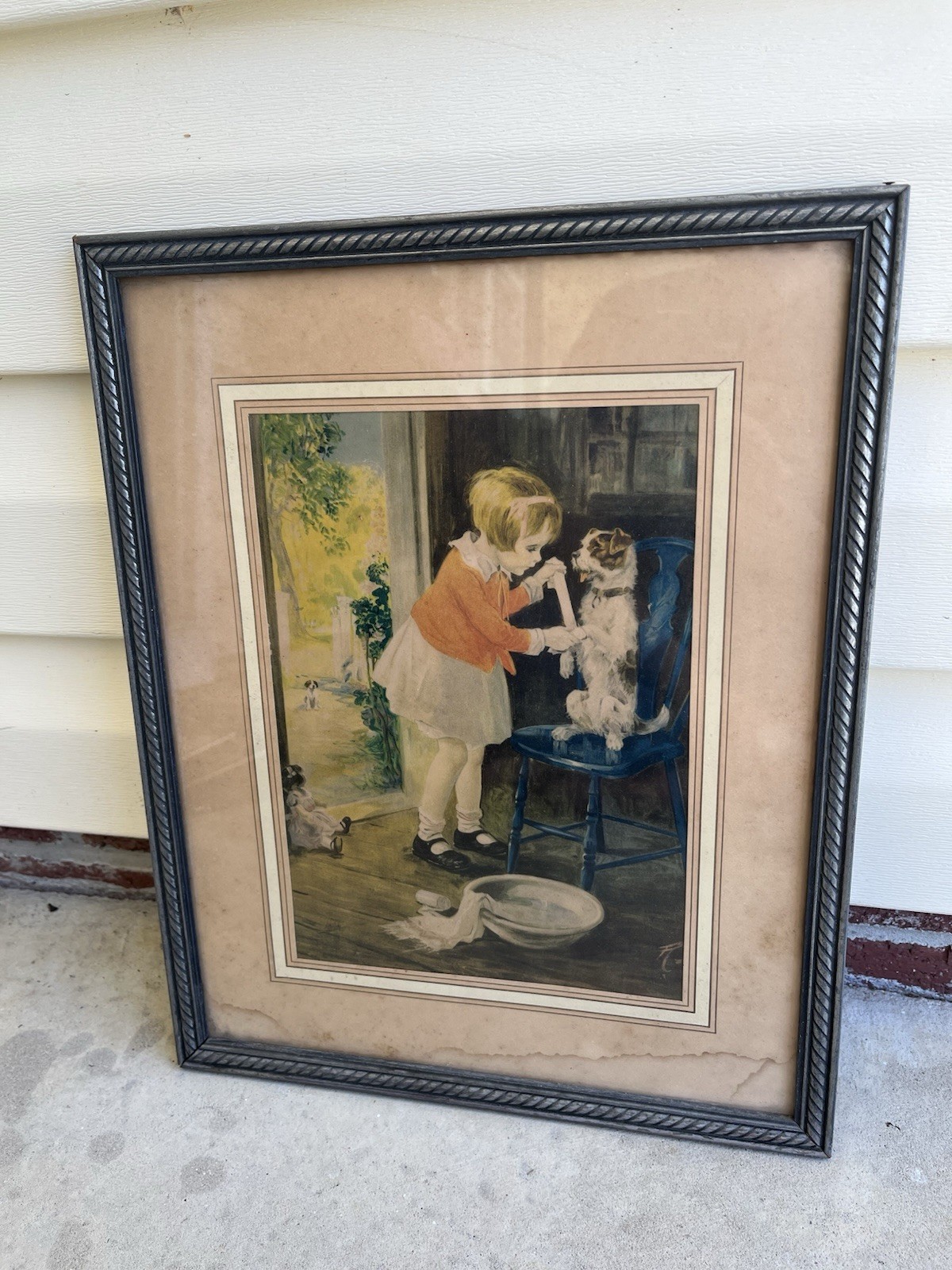 Vintage Cottage Girl with Dog Framed Print Rustic Traditional Wall Art Decor