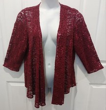 ALEX EVENINGS Beautiful Burgundy Lace Sequined Open Cardigan Jacket 1X TO 2X