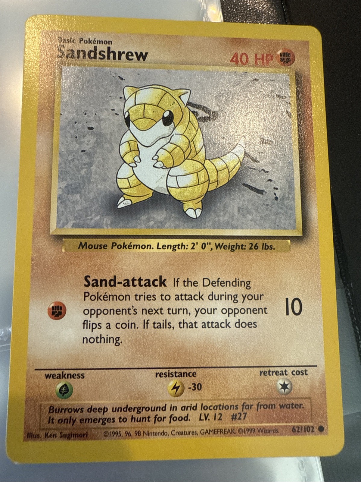 Sandshrew - BASE SET card # 62/102 - Vintage 1999 Pokemon WOTC - Near Mint