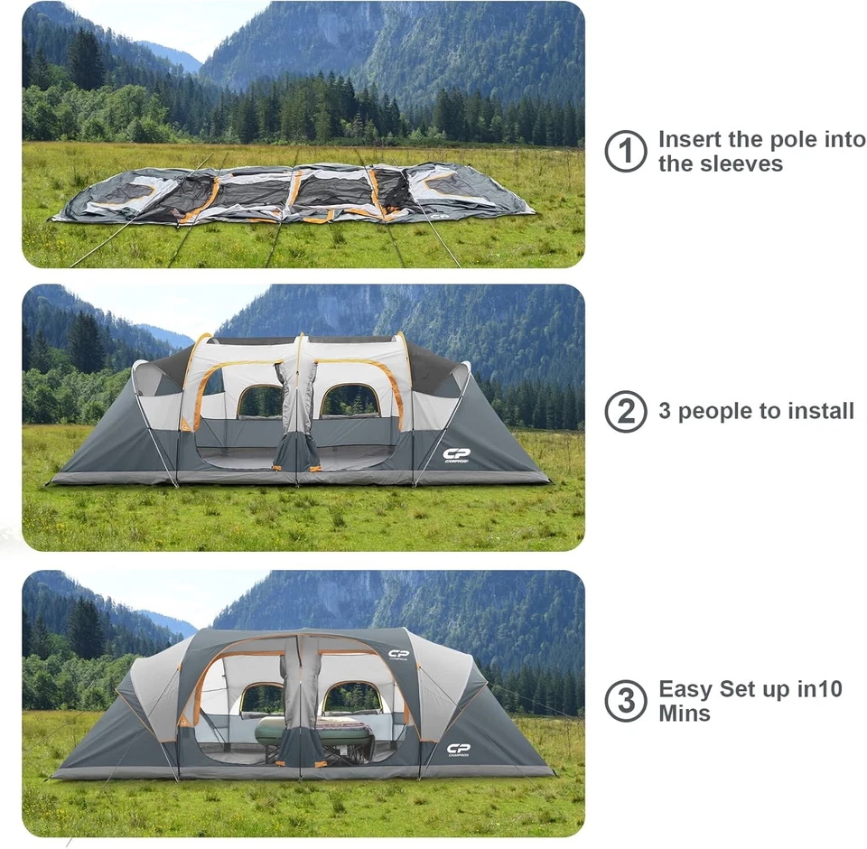 Tienda 12 personas-camping-tiendas de campaña, carpas familiares para 3 habitaciones, impermeable a prueba de viento Foto 3 de 4