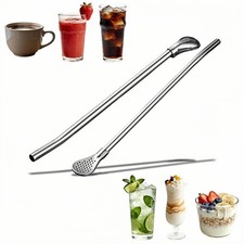 Stainless Steel Filter Straw Spoon, 2-in-1 Reusable Metal 9.65 Inches, Silver