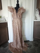 Women's Gold Sequin Maxi Dress Deep V-Neck Ruffle Backless Formal Evening Gown