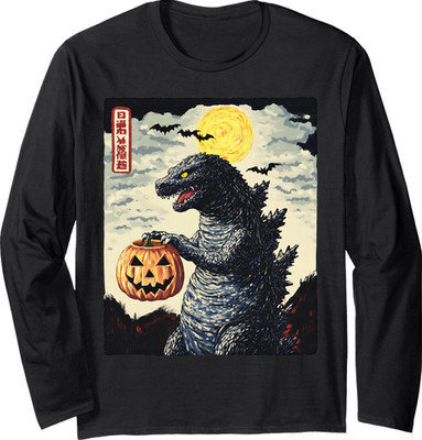 Japanese Monster Pumpkin Long Sleeve Tee, Spooky Fall Graphic, Autumn Top