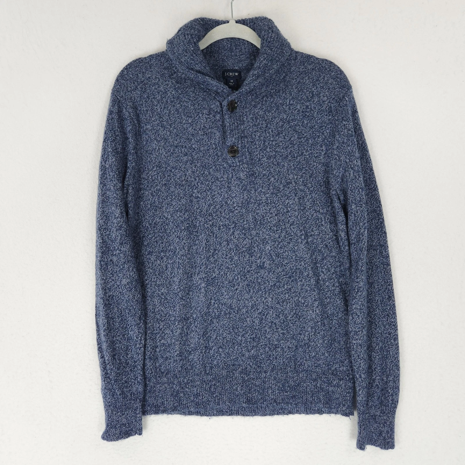 J Crew Sweater Mens Medium Blue Marled Shawl Collar Lambswool Blend 1/4 Button
