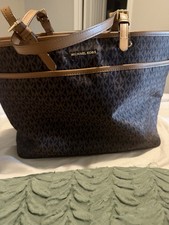Michael Kors Brown Logo Tote Bag Beige Leather Straps Zip Detachable Strap