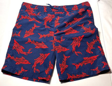 Lands' End Boys Shark Theme Blue Red Swim Shorts Size Large Excellent Condition