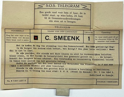 1931 SOS TELEGRAM ARNHEM MUNICIPAL ELECTION SMEENK NEDERLAND ORANJE LEAFLET RARE
