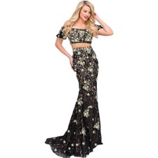 Jovani Black Multi 2PC Applique Off-Shoulder Crop Top Gown Formal Dress 6 640