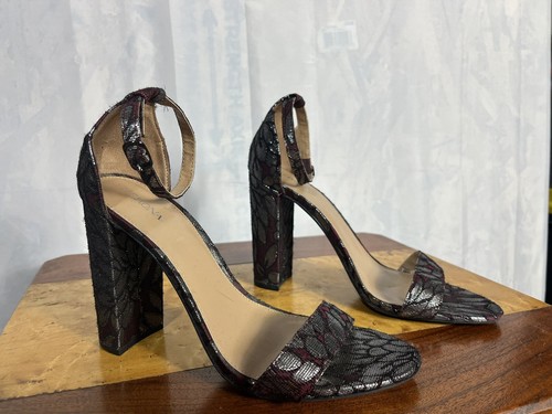 Women’s Size 9- 4 Inch High Heel Merona Bargundy And Silver Ankle Strap Open Toa - Picture 2 of 7