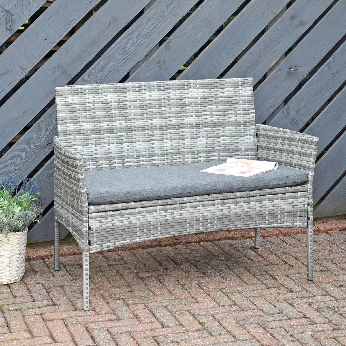 Garden Bench Grey Rattan 2 Seater Outdoor Sofa Cushion Steel Frame Azuma Murcia