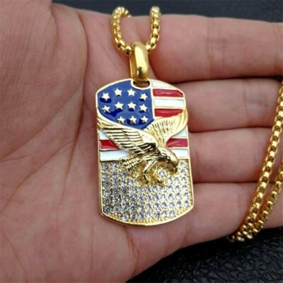 Gold American Flag Eagle Dog Tag Charm Pendant - Stainless Steel America