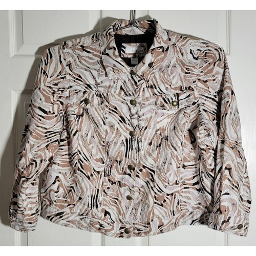 Lucy & Laurel woman Size 3X Brown White Black Animal Print 100% Linen Jacket - Picture 2 of 10