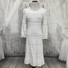Eliza J Medium White Pointelle Ruffle Hem Sweater Dress Sleeve Fit & Flare B1