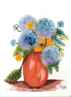 ART WATERCOLOR PAINTING   --- BLUE HYDRANGEA --- FLORAL   STILL LIFE  ORANGE VAS