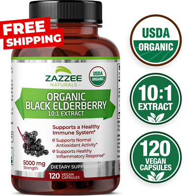 USDA Organic Black Elderberry 10:1 Extract, 5000 mg Strength, 120 Vegan Capsules