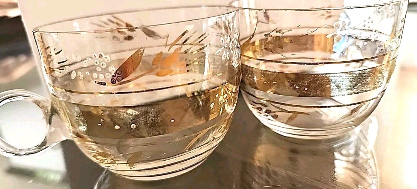Vintage Punch Bowl Cups Set Of 2 Gold Accents Beautiful Gold Designs Fine Glass
