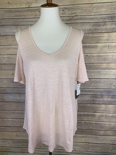 Saks Fifth Avenue NWT Womens Medium 100% Linen Cold Shoulder Blouse Blush Pink